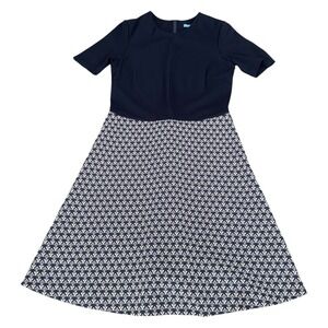 J.McLaughlin Fit & Flate Dress Size 8 Navy Blue & White Geometric Print‎ Party